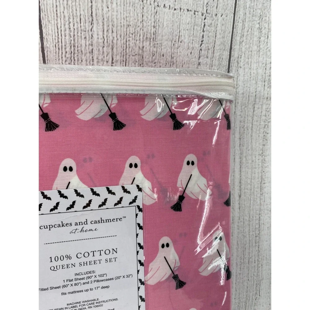 Cupcakes and Cashmere Sheet Set QUEEN Pink Ghost Halloween 100% Cotton Whimsical